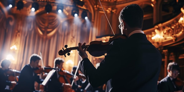 Foto tomada cinematográfica del director dirigiendo la orquesta sinfónica con intérpretes tocando violines, violonchelo y trompeta en el teatro tradicional con escenario de cortina durante la actuación musical