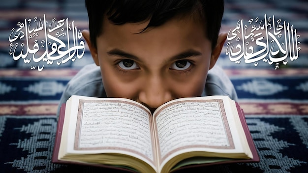 Tomada de cultivo de un niño musulmán leyendo el libro sagrado Al-Qur'an en la alfombra de oración con foto de enfoque selectivo