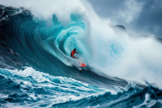 Tomada dinámica de un surfista en traje de buceo montando una tabla de surf en el océano Atleta hábil y decidido surfeando una ola gigante de barril épica Deportes acuáticos extremos estilo de vida activo