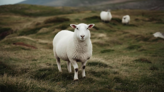 Tomada de enfoque selectiva de una linda oveja blanca de pie en el medio de una tierra cubierta de hierba