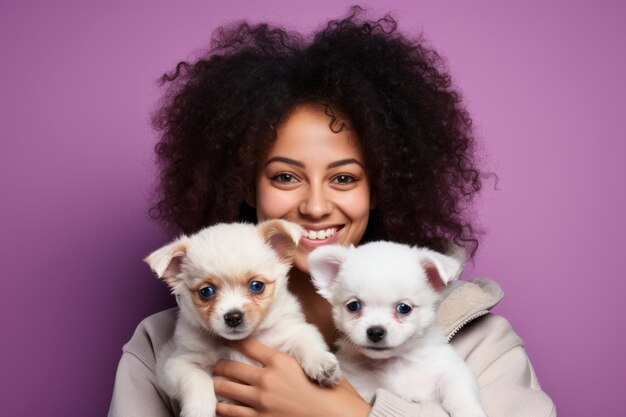 Tomada de estudio de una alegre mujer afroamericana sosteniendo dos cachorros adorables satisfecha con una chica negra