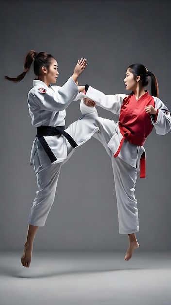 Tomada de estudio completa de dos mujeres atletas de taekwondo entrenando aisladas sobre un fondo negro