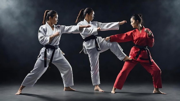 Tomada de estudio completa de dos mujeres atletas de taekwondo entrenando aisladas sobre un fondo negro