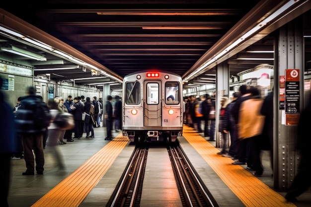 Tomada en gran ángulo de una estación de metro abarrotada durante la hora pico que destaca la eficiencia y la capacidad del transporte público IA generativa