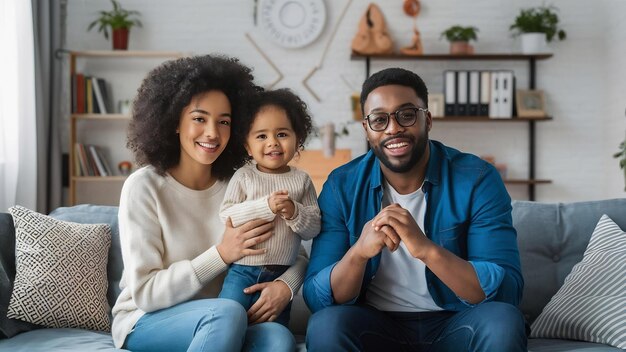 Foto tomada horizontal de una feliz pareja de familia de raza mixta disfrutando de la atmósfera doméstica