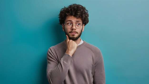 Foto tomada horizontal de joven pensativo sostiene la barbilla piensa en la oferta sugerida puntos lejos muestra c