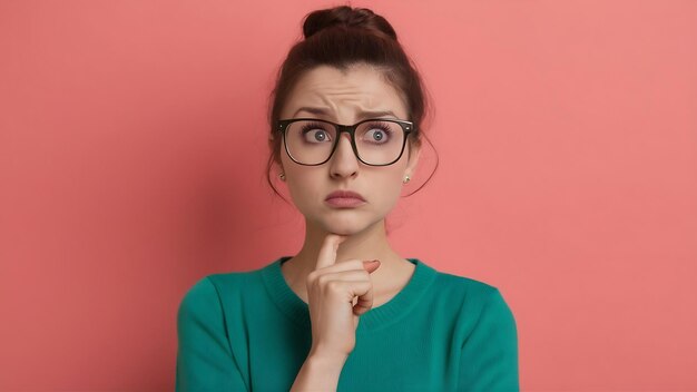 Tomada horizontal de una joven seria y pensativa que sostiene la barbilla, mantiene los labios plegados, mira hacia otro lado y reflexiona.