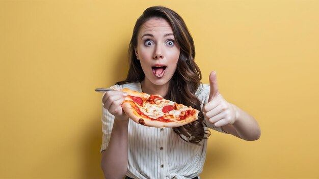 Tomada horizontal de una mujer sorprendida comiendo una sabrosa rebanada de pizza vestida con ropa de moda indi