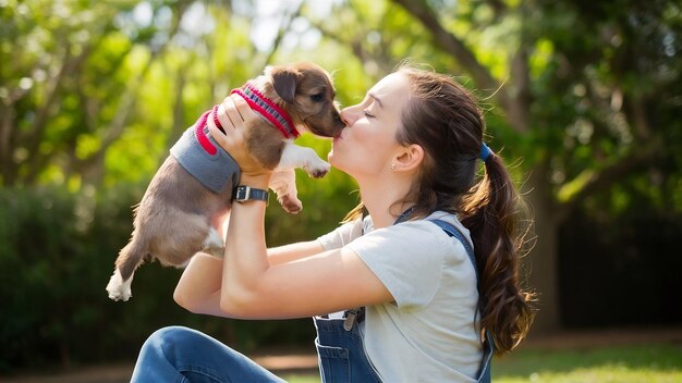 Tomada horizontal de una niña adulta en mono de vaqueros besando a un lindo cachorro mientras lo eleva en el aire