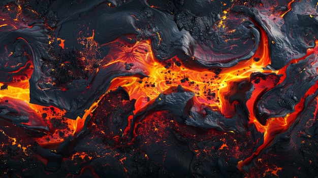Foto tomada macro capturando los tonos negro y rojo del flujo de lava destacando su intensidad ardiente primer plano volcánico dinámico y cautivador