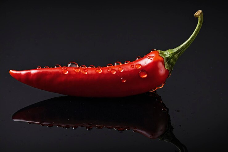 Tomada macro de un solo chile rojo picante con gotas de agua aisladas sobre un fondo negro