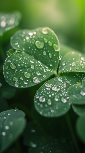 Tomada macro de tréboles frescos con gotas de agua naturalezas detalle símbolo irlandés espacio de copia verde exuberante