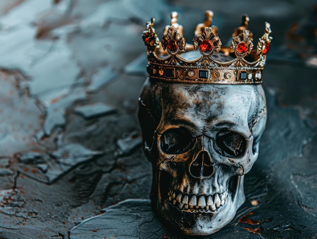 Tomada media de un cráneo con la corona del rey en él fondo temático tonalidad brillante