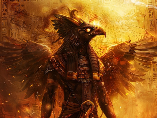 Tomada media del dios egipcio Ra sosteniendo un ankh a la altura de la cintura