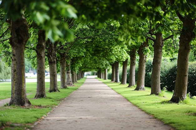 Tomada de paisaje de un camino ancho con árboles verdes de línea