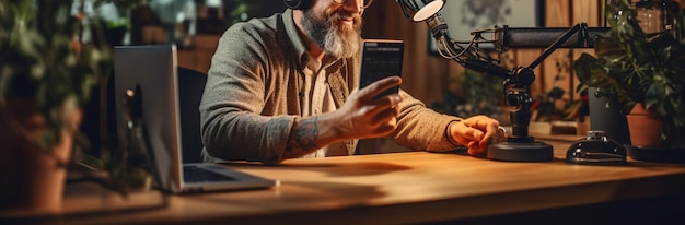 Foto tomada panorámica de un hombre maduro usando un teléfono inteligente mientras graba un podcast en una ia de estudio generativa