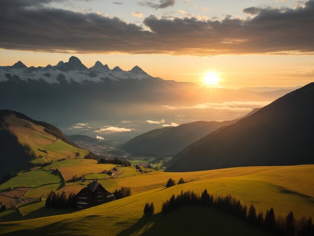 Foto tomada panorámica de la puesta de sol vista desde el monte gaisberg en salzburgo