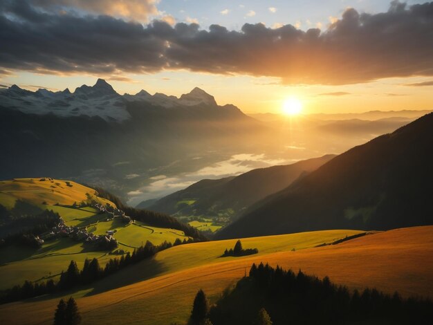 Foto tomada panorámica de la puesta de sol vista desde el monte gaisberg en salzburgo