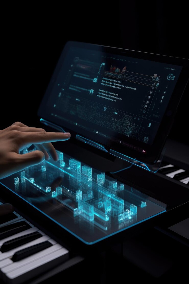 Tomada recortada de un teclado virtual en una tableta de realidad aumentada creada con IA generativa