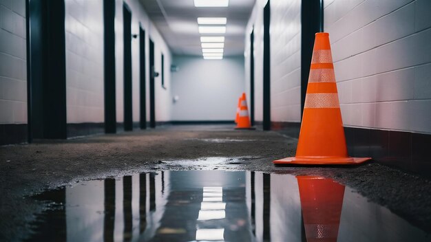 Tomada selectiva de un cono de tráfico naranja en el lado del pasillo con un charco que lo refleja