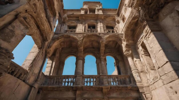 Tomada simétrica de bajo ángulo de la arquitectura antigua con un hermoso cielo azul en el fondo