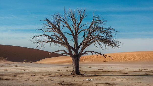 Tomada vertical de un árbol sin hojas en un desierto con dunas de arena en el