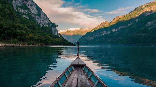 Tomada vertical de un barco con un hermoso paisaje