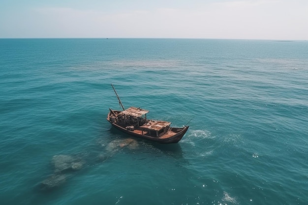 Tomada vertical del barco de pesca en el océano durante el día en xia pu china