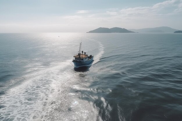 Tomada vertical del barco de pesca en el océano durante el día en xia pu china