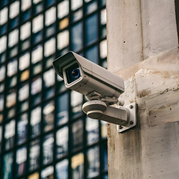 Tomada vertical de la cámara de seguridad montada contra la pared vigilancia vigilante para Social Media Post S