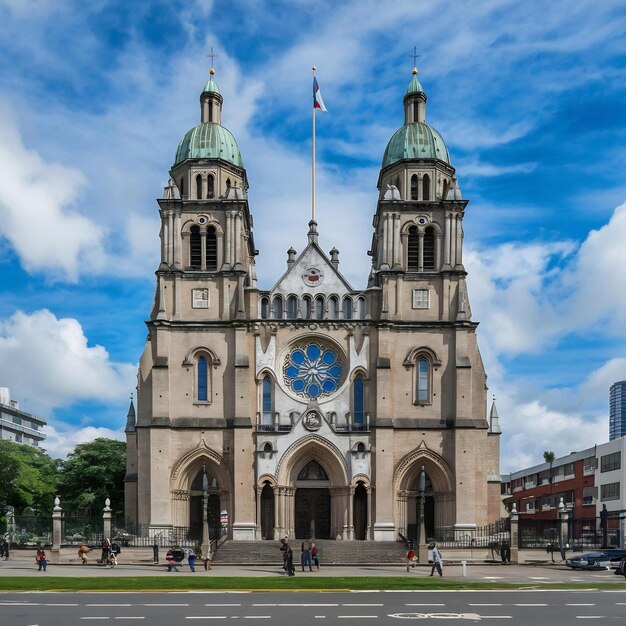 Foto tomada vertical de la catedral metropolitana de panamá bajo un cielo nublado azul en panamá