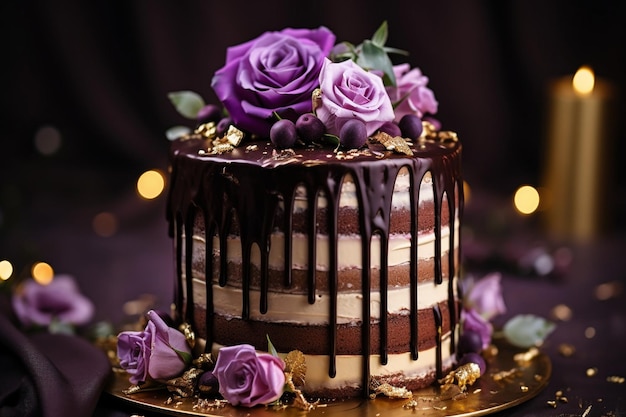 Tomada vertical de delicioso pastel boho con goteo de chocolate y flores en la parte superior con decoraciones doradas