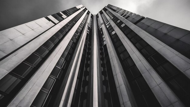 Foto tomada vertical en escala de gris de bajo ángulo de la luz que pasa por el techo de un edificio alto