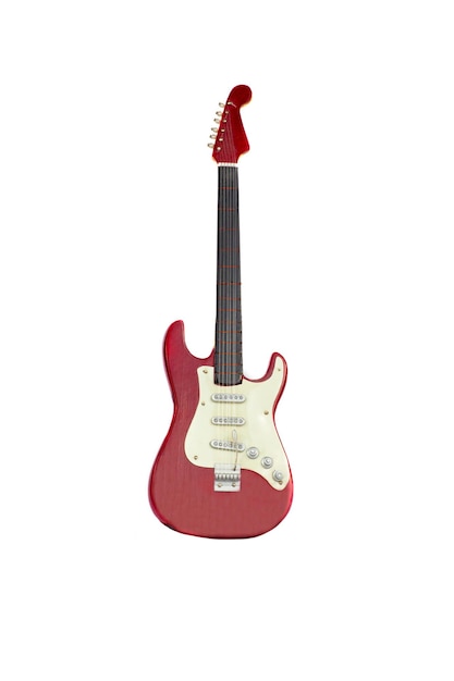 Tomada vertical de una guitarra eléctrica aislada sobre un fondo blanco
