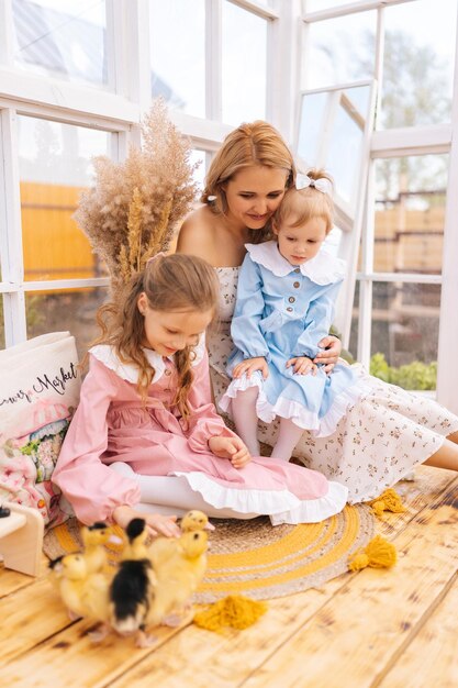 Tomada vertical de una joven madre alegre y dos hijas adorables en vestido jugando con pequeños patitos amarillos en la casa de gazebo de verano en un día soleado