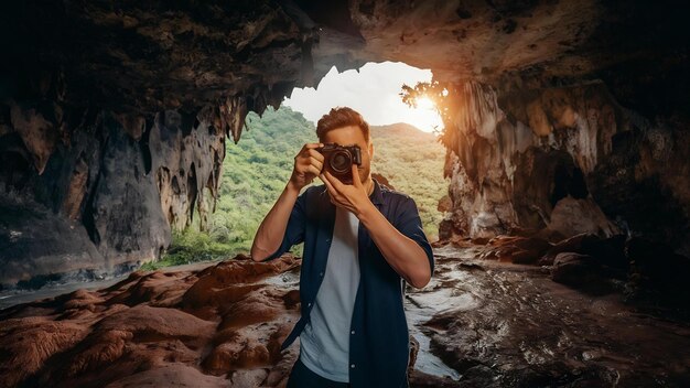 Foto tomada vertical de un macho con una cámara en una cueva tomando una foto