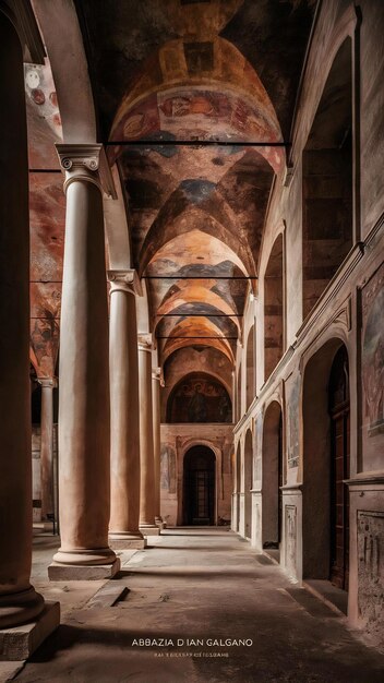 Foto tomada vertical de un pasillo con pilares y puertas de tipo arqueado en la abadía de san galgano