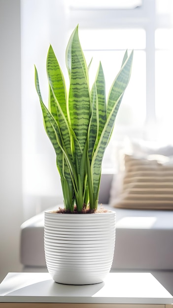 Tomada vertical de una planta en una olla blanca dentro de una habitación luz natural genial para una decoración de la habitación