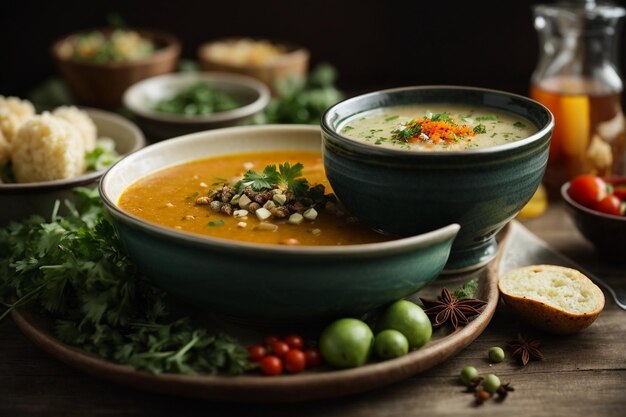 Tomada vertical de una sopa y platos secundarios con hojas de verdura y especias