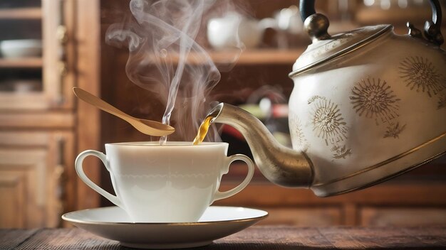 Tomada vertical de un té que se vierte de una tetera a una taza blanca con una cuchara de madera