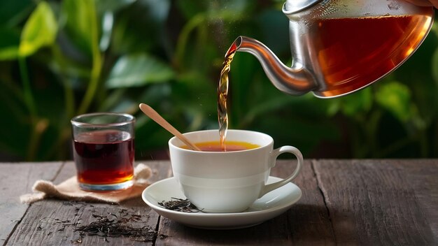 Tomada vertical de un té que se vierte de una tetera a una taza blanca con una cuchara de madera