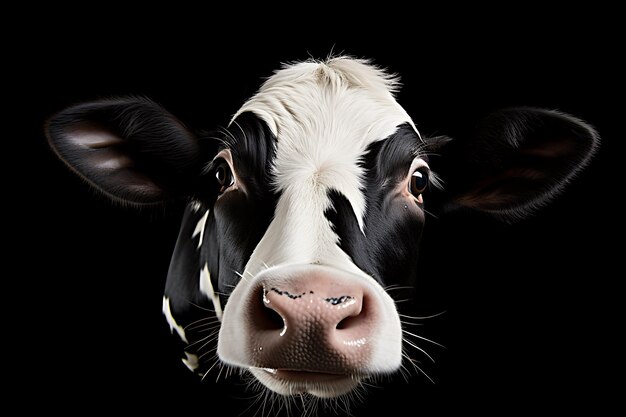 Foto tomada vertical de una vaca negra y blanca en un campo verde