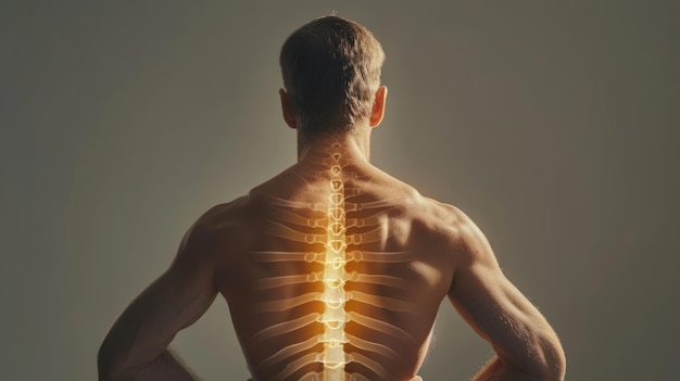 Foto tomado por detrás tocando dolor de espalda que sufre de dolor de columna vertebral debido a la osteoporosis