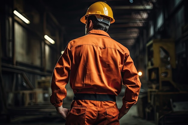 Tomado por detrás del trabajador en pantalones trabajando y sosteniendo el casco de seguridad