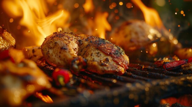 Tomando el calor ahumado de la chimenea abierta el pollo a la parrilla absorbe toda su intensa