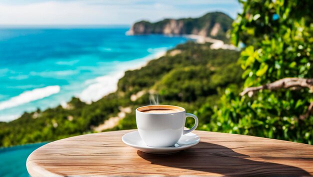 Tomando capuchino junto al océano Mesa de madera Relajación