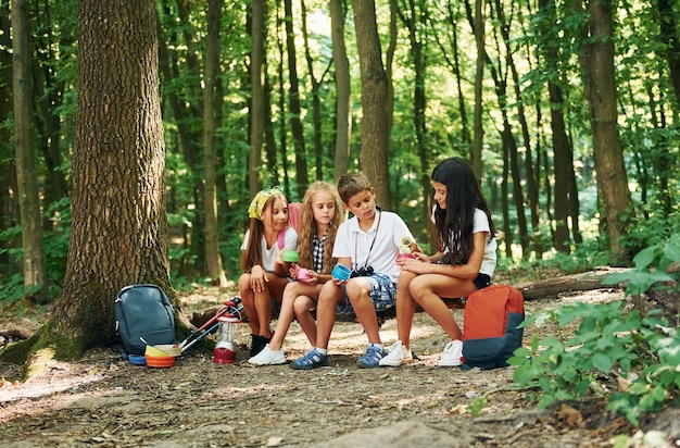 Tomando un descanso Niños paseando por el bosque con equipo de viaje