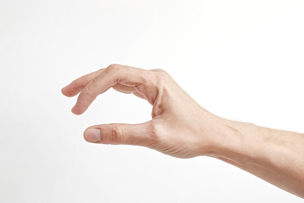 Foto tomando de la mano agarrando la mano extendiendo la mano ofreciendo aislado sobre un fondo blanco