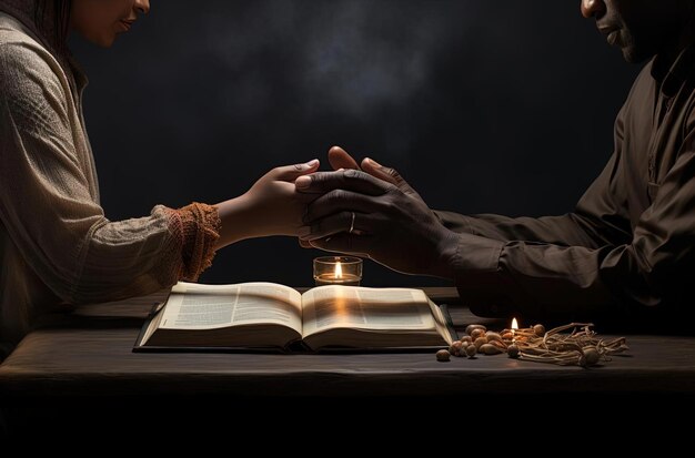 Foto tomando las manos orando con una biblia en la mesa juntos en el estilo del movimiento de las artes negras