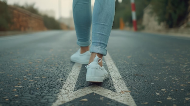 Tomar a decisão de qual caminho ir Caminhando em um sinal de direção em uma estrada de asfalto Pernas femininas vestindo jeans e tênis brancos